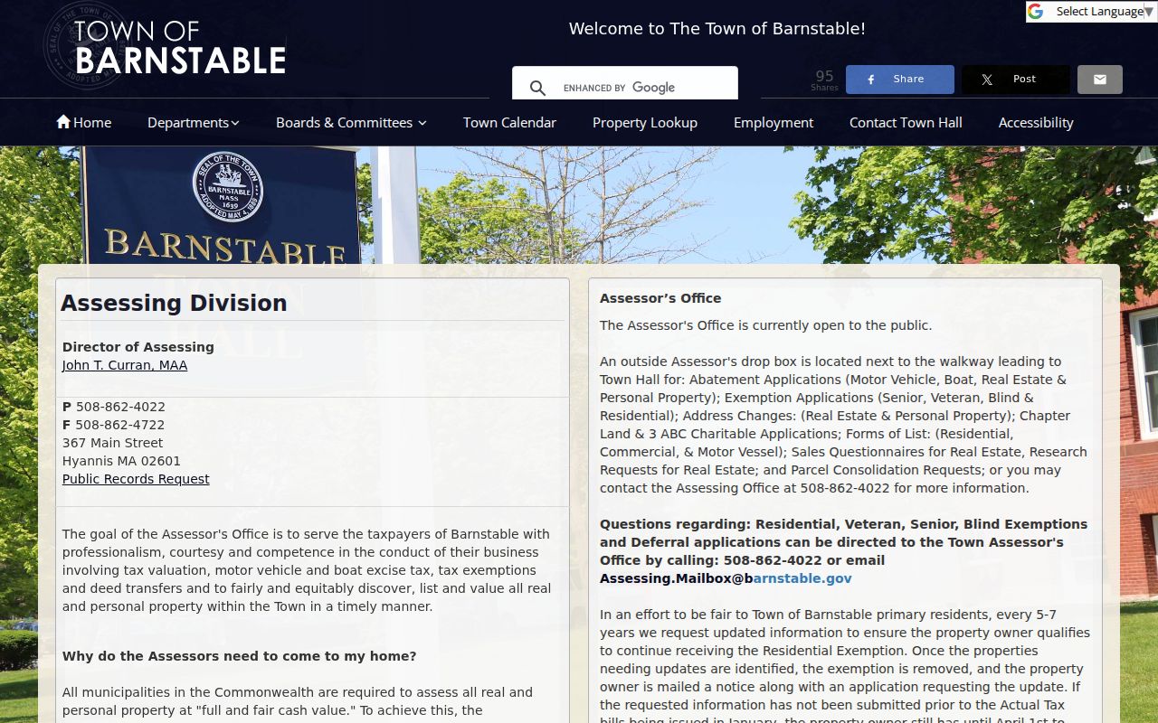Town of Barnstable assessor search panels for parcel, owner surname, and street address