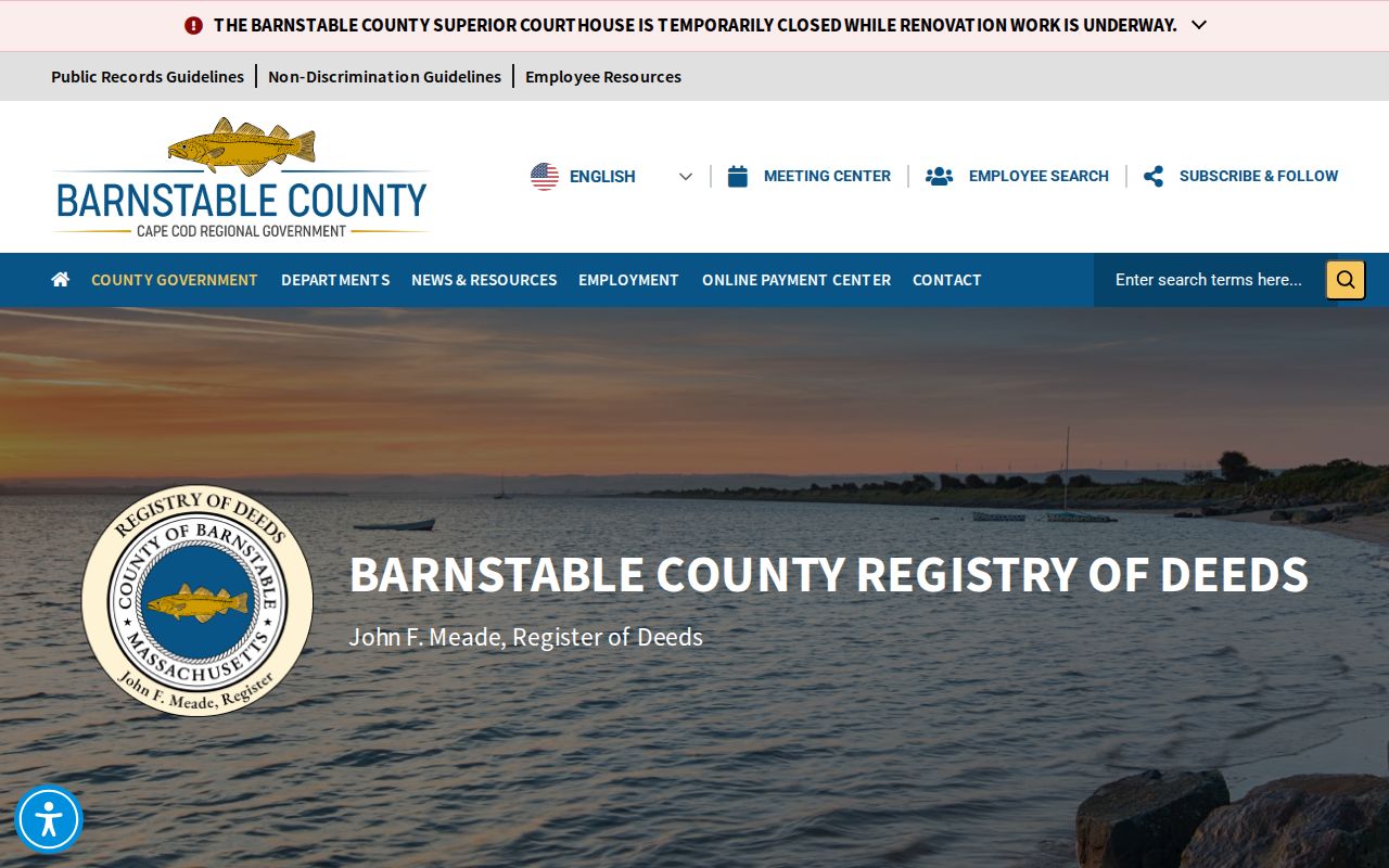 Barnstable County Registry of Deeds home page with property-record coverage information