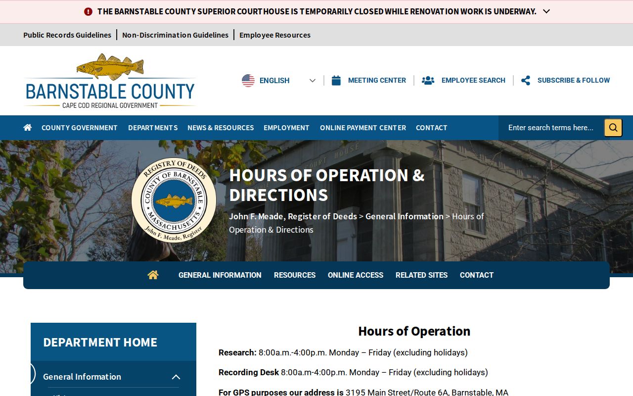 Barnstable neighbors Registry of Deeds public hours for plan research