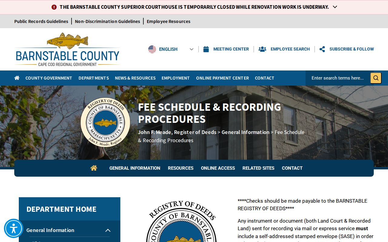 Barnstable previous residents Registry fee and recording procedures page