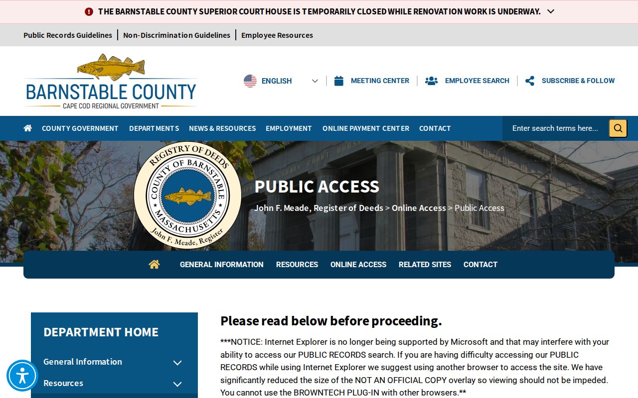 Barnstable previous residents Registry public access page and image-copy notice