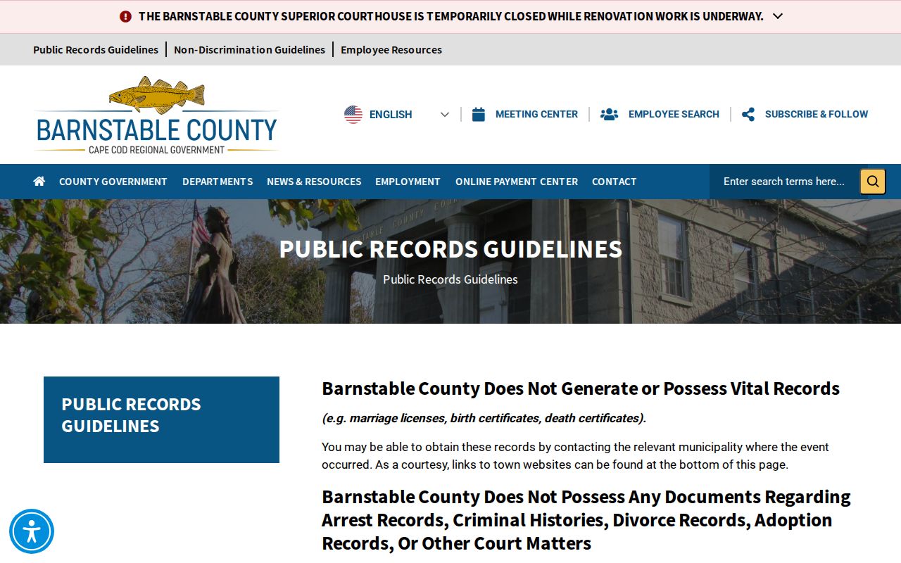 Barnstable previous residents Registry public-record guidelines page