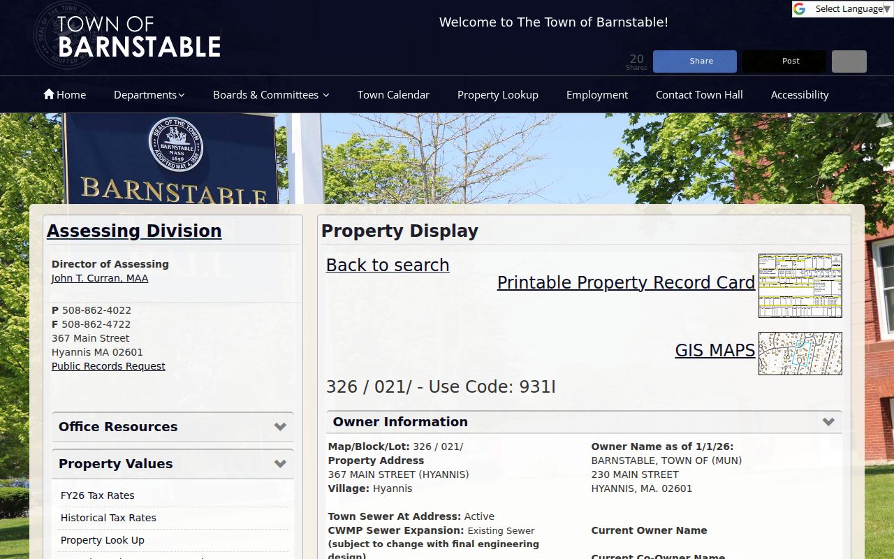 Barnstable street directory assessor detail screen with parcel and property fields