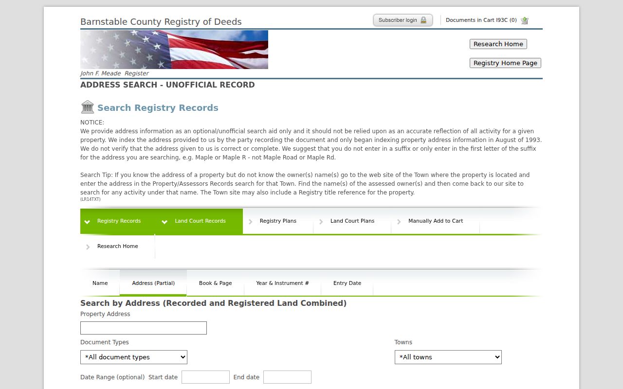 Barnstable street directory Registry address search form and index warning