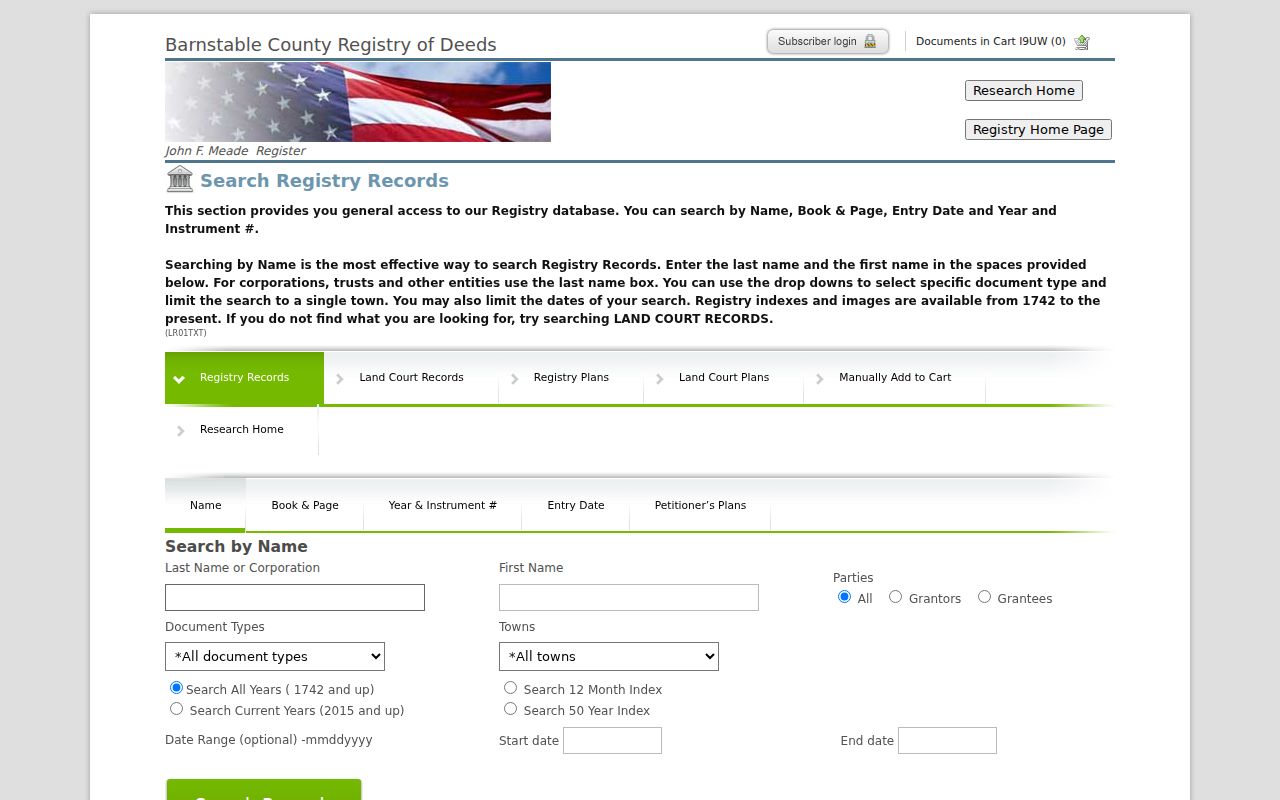 Barnstable street directory Registry name search form with party-role filters
