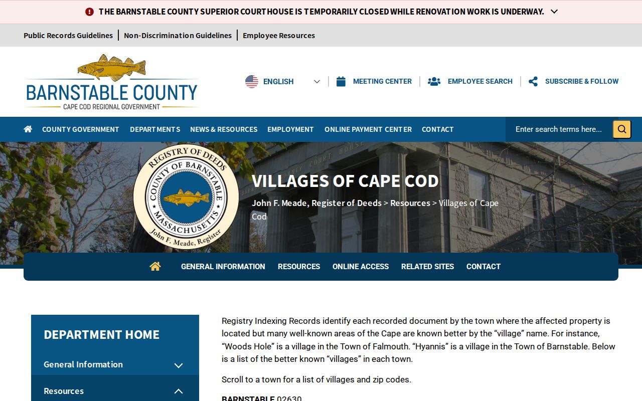 Barnstable ZIP code directory village and ZIP associations